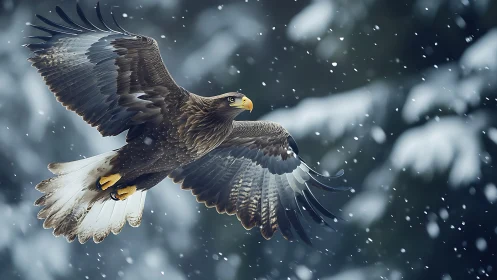 Majestic eagle soaring in snowfall, wildlife photography style.