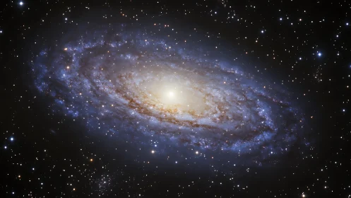 Inclined spiral galaxy with dense star-forming arms and luminous bulge