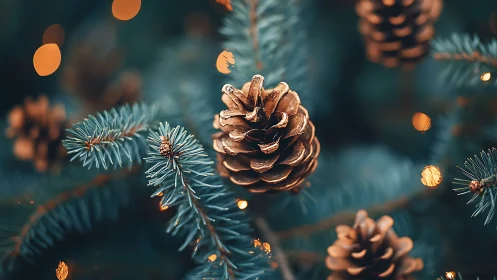 Frosted pinecone close-up amid teal needles and bokeh glow.