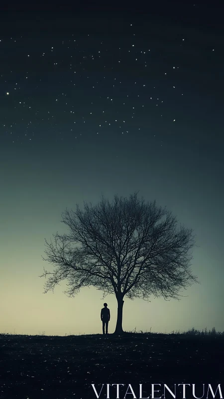 Solitary figure stands under bare tree beneath starry night