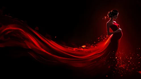 Radiant Woman in Red Gown Against Dark Backdrop.