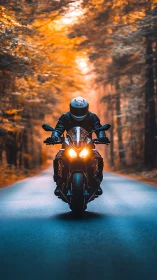 Motorcyclist rides through cinematic orange forest tunnel.