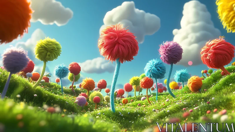 Fluffy candy-trees sway across a dream-bright meadow