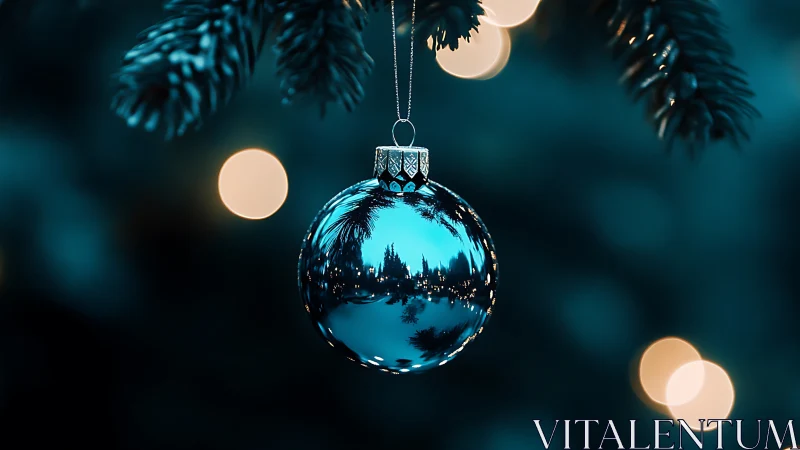 Photorealistic blue ornament with bokeh depth-of-field focus.