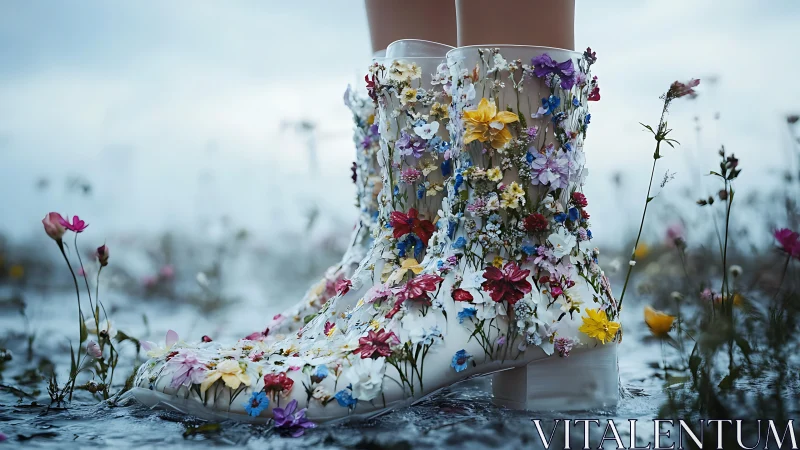 Photoreal floral resin boots in flooded meadow composition.