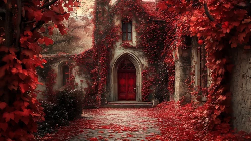 Gothic stone doorway wrapped in crimson autumn ivy glow.