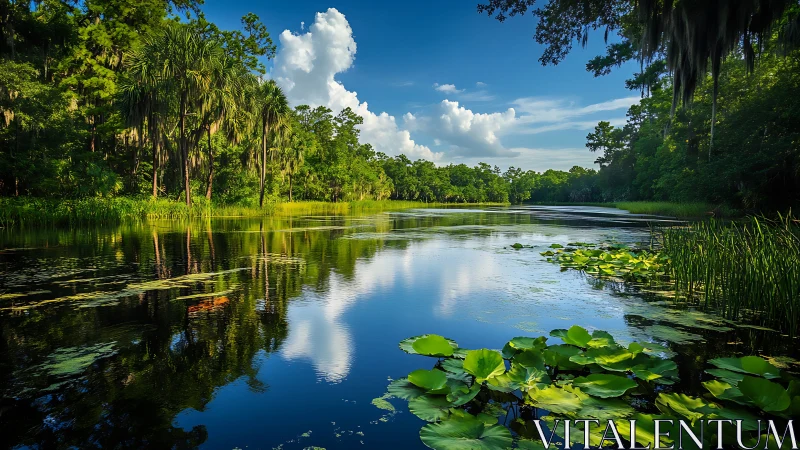 Lush river wetland with lily pads under bright blue sky.