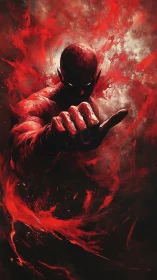 Crimson energy-cloaked humanoid lunges forward through turbulent red vapor