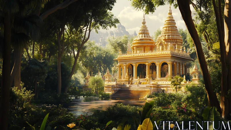 Sunlit golden temple pavilion in lush jungle sanctuary.