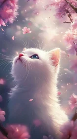 White Cat Gazing Upward Through Pink Floral Garden.