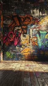 Urban graffiti wall and planked floor under directional light