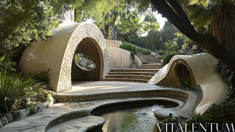 Organic garden arches frame serene stone paths and pond.