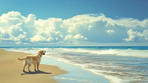 Golden daydreamer dog patrolling a cloud-draped shoreline.