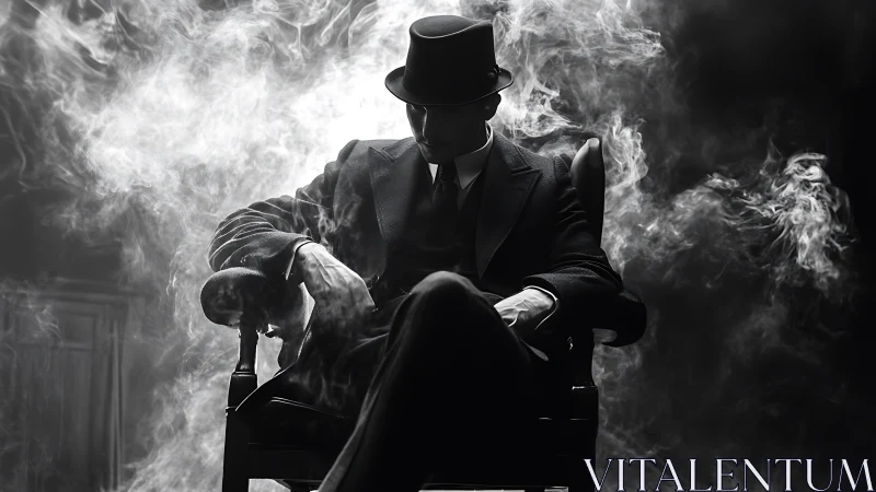 Silhouetted man in suit sits in swirling monochrome smoke