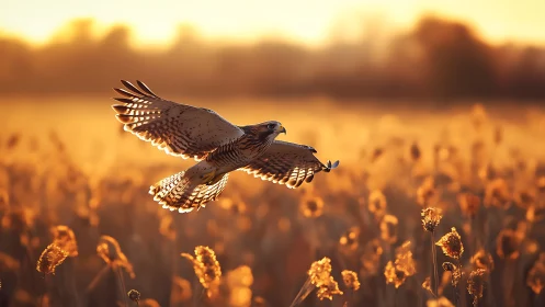 Hawk Soaring Over Golden Field at Sunset in Photorealistic Style.