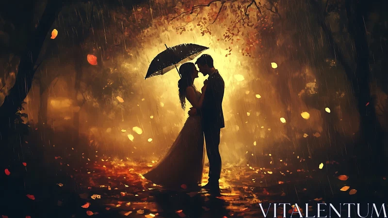 Two souls beneath obsidian parasol dance through amber downpour