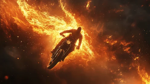 Fiery motorcyclist bursting through swirling inferno sky.
