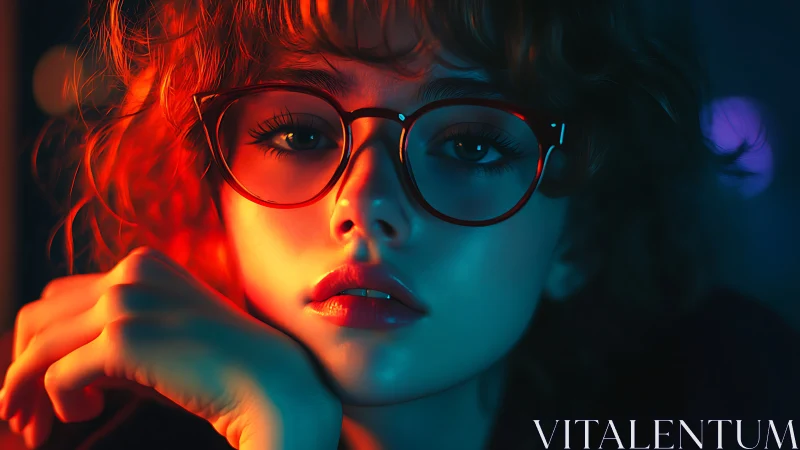 Neon-lit portrait captures thoughtful girl in vivid colors.
