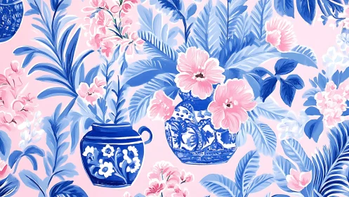 Chinoiserie floral vases in blue and pink digital pattern