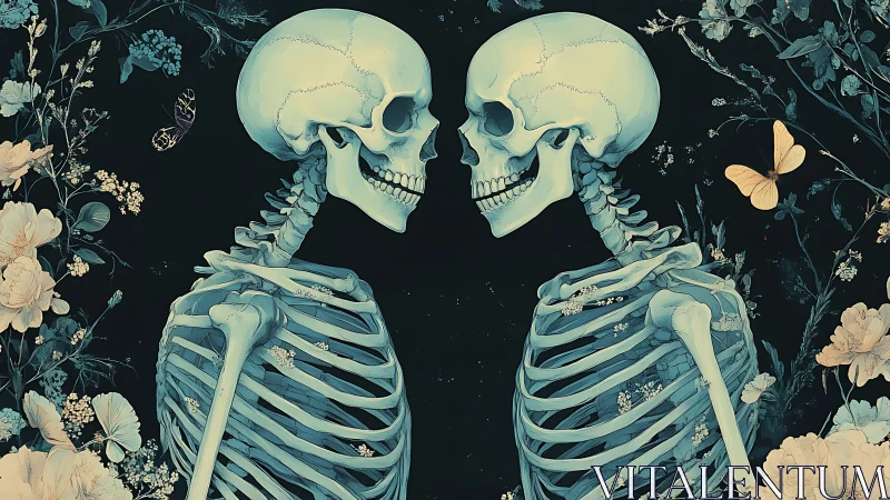 Mirrored skeletal lovers rendered in floral surrealist symmetry