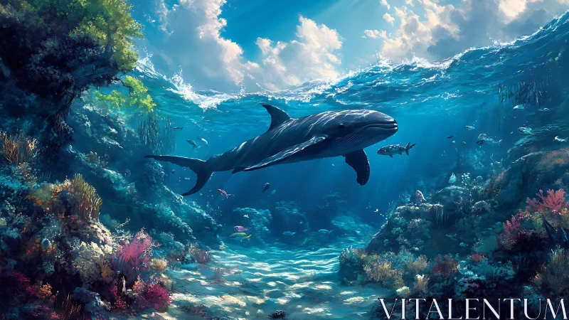 Gentle whale glides through a sunlit coral kingdom below