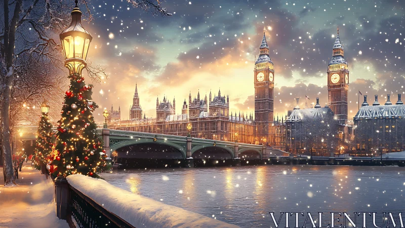 Snowy Christmas glow along London’s riverside skyline.