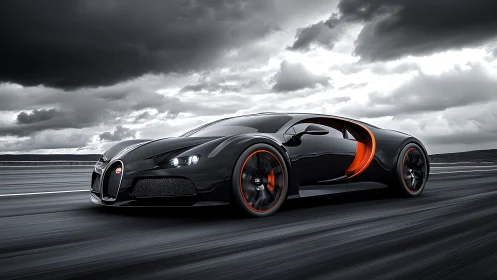 Black hypercar with orange trim on dramatic highway scene.