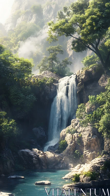 Sunlit waterfall sanctuary pouring into a tranquil blue pool.