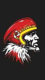 Warrior profile wearing red helmet with stylized feathers