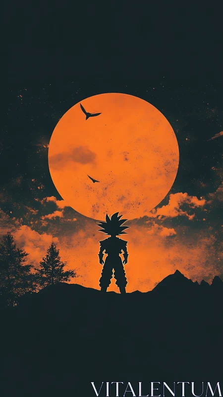 Silhouetted spiky‑haired warrior against oversized orange moon.