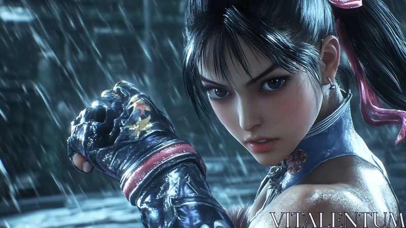 Rain-struck warrior girl coils power in a stormy alleyway.