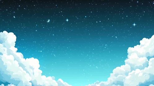 Starlit night sky over billowing clouds in teal gradient