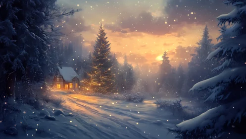Snowy forest cabin glows warmly beneath golden winter sunset