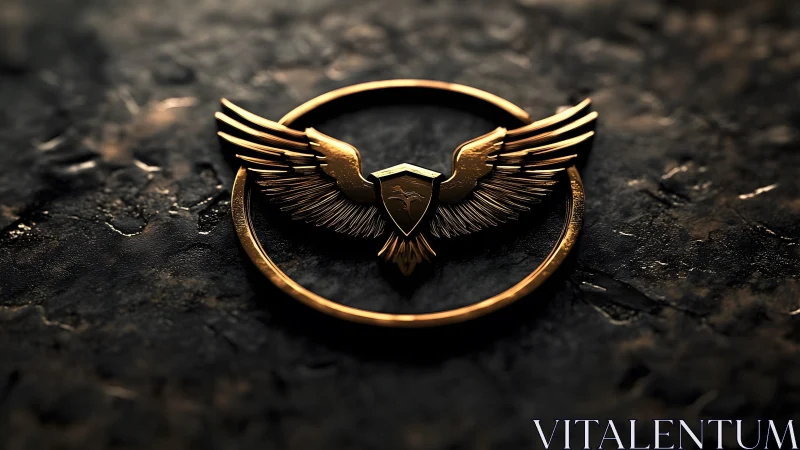 Golden eagle emblem with shield in 3D metallic style on dark stone.