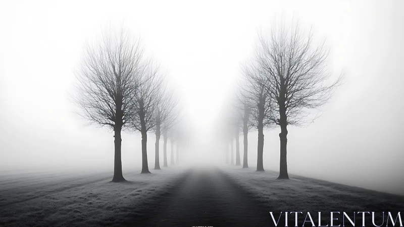Symmetrical winter trees aligned along foggy rural path.