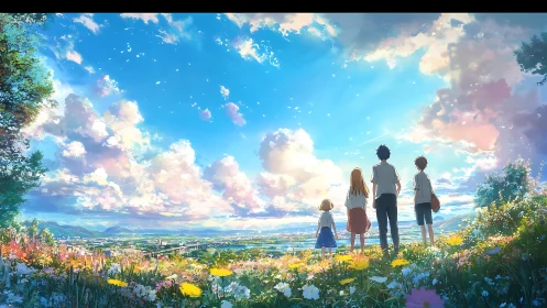 Anime hillside panorama with four students under luminous sky