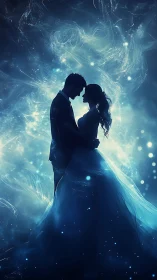 Two silhouetted figures in close proximity against luminous digital background.