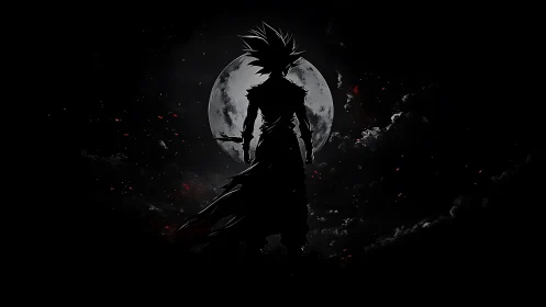 Silhouetted warrior under lunar backlight in dark anime style.