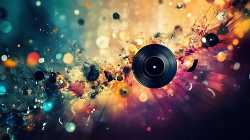 Vinyl record explodes into chromatic bokeh and dynamic light