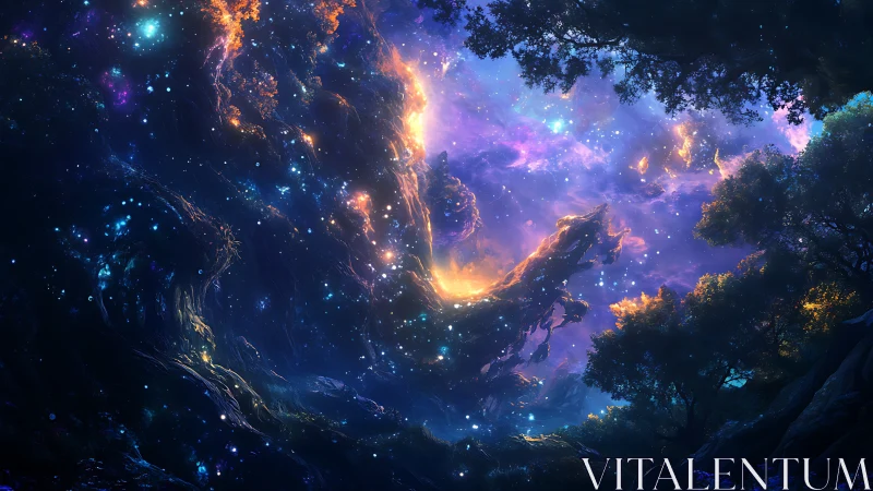 Nebula-lit forest canopy frames luminous cosmic vortex sky