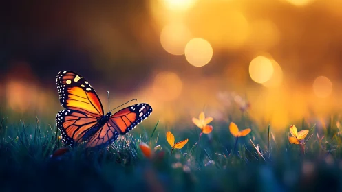 Monarch butterfly rests in glowing sunset meadow bokeh