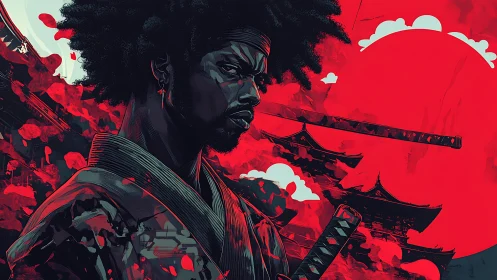 Afro-samurai under a bloodred sun, poised between eras.