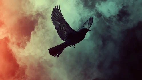 Silhouetted bird in flight against multicolored smoky sky.