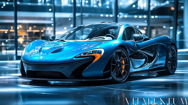 Midnight blue hypercar prowls a glass-lit urban showroom stage