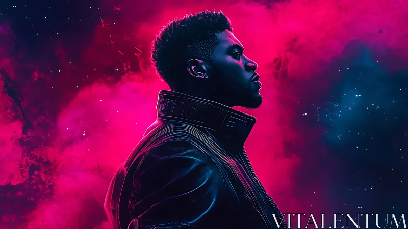 Neon-illuminated profile portrait in chromatic cosmic vapor.