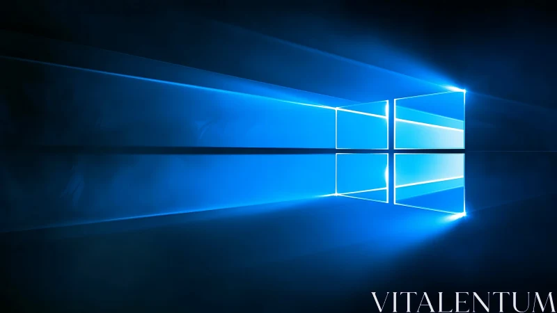 Glowing blue window logo casts sharp reflections in dark space