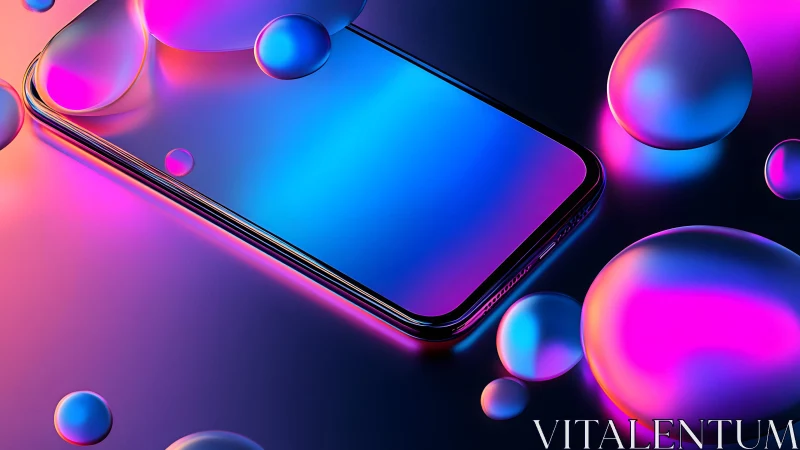 Futuristic smartphone with neon gradients and floating liquid orbs.