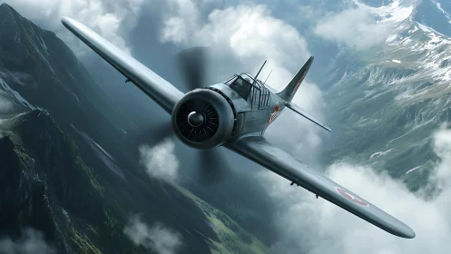 World War II fighter aircraft banks through alpine clouds