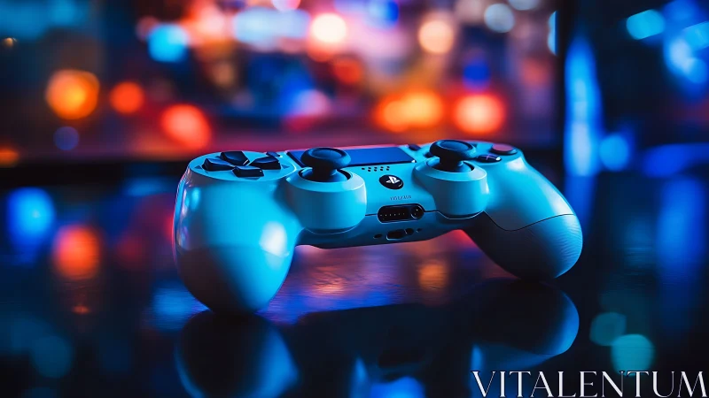 Photorealistic gaming controller with neon bokeh lighting focus.