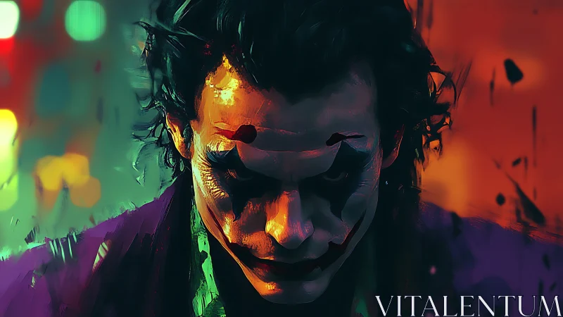 Chromatic portrait of sinister clown visage in neon chiaroscuro.